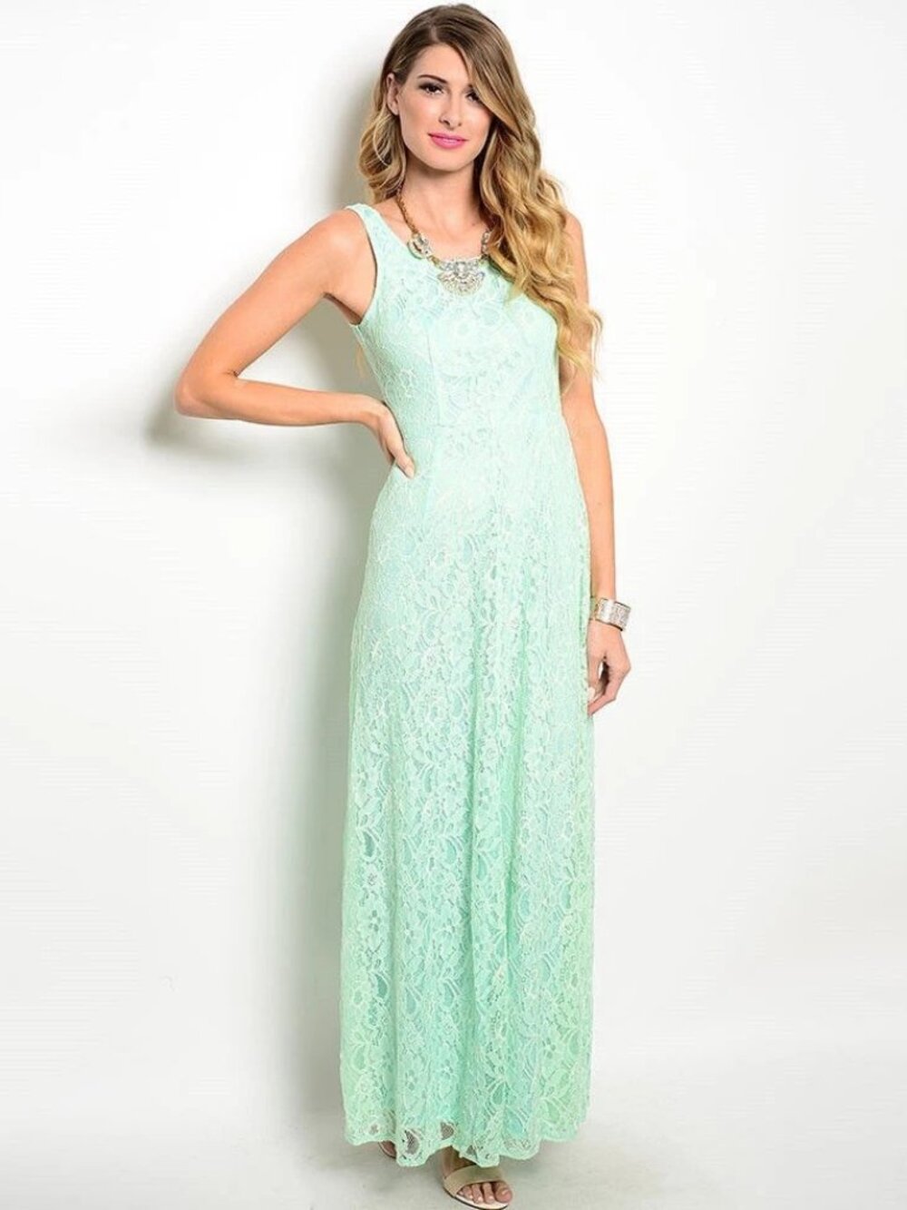 Love Point Womens Sleeveless Green Lace Gown Maxi Dress, size L